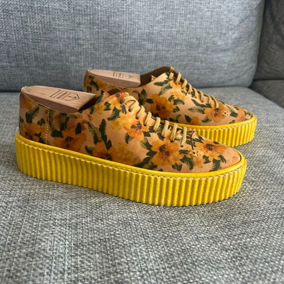 EUC PF16 Yellow Floral Platform Sneakers Size 6 Boho Grunge Creepers Chunky Sole - Picture 7 of 9